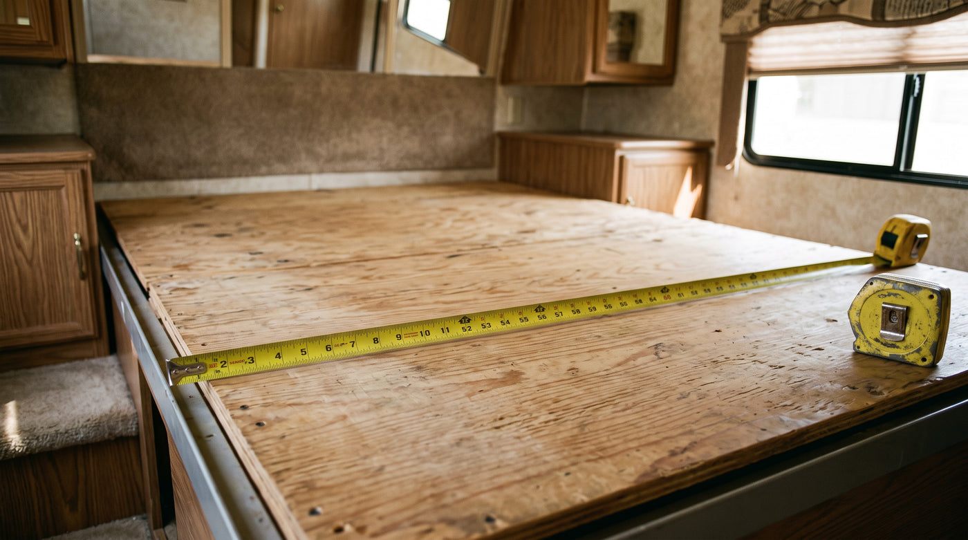 Measuring the width of a bare RV bed platform with a tape measure before ordering a custom mattress