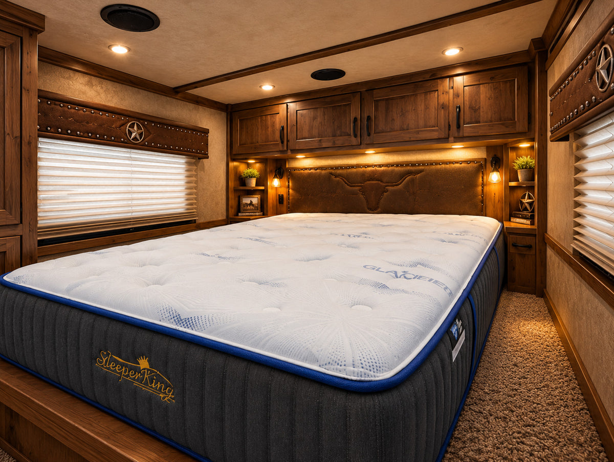 Western Serenity horse trailer mattress in LQ bedroom