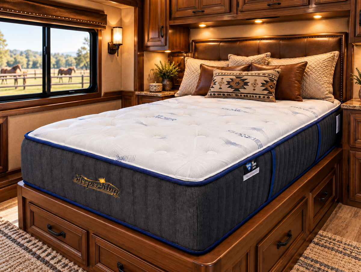 Western Serenity horse trailer mattress in wood-paneled living quarters