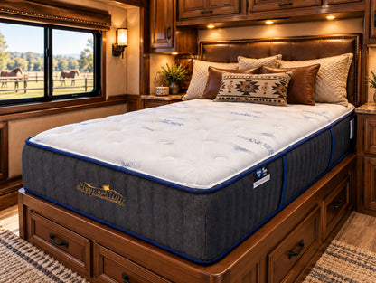 Western Serenity horse trailer mattress in wood-paneled living quarters