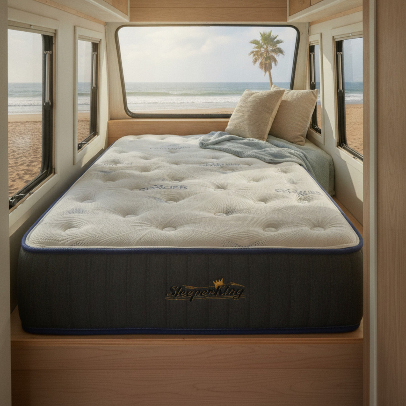 Custom RV mattress with radiused corners fitted to a bedroom slide-out platform